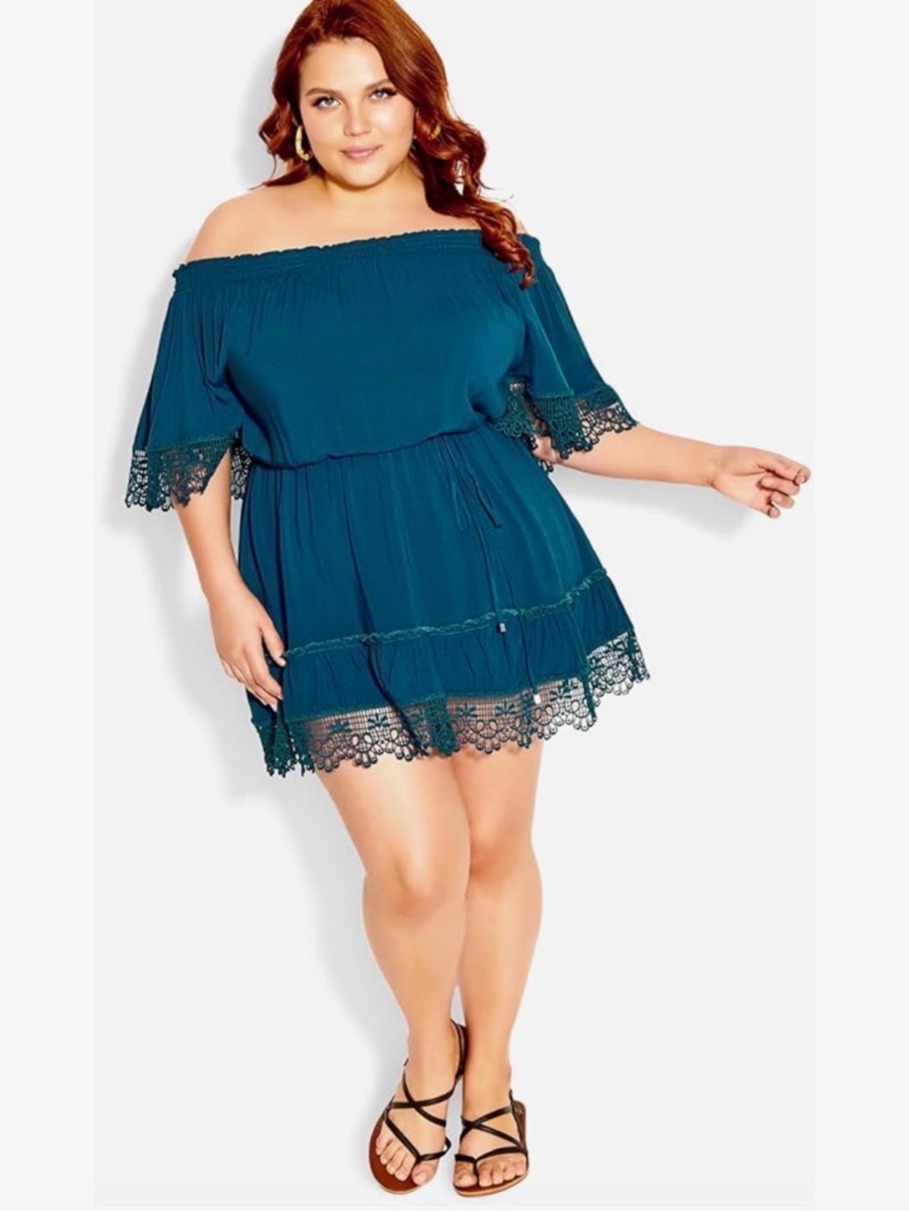 City Chic Teal Off-Shoulder Lace-Trim Swim Coverup